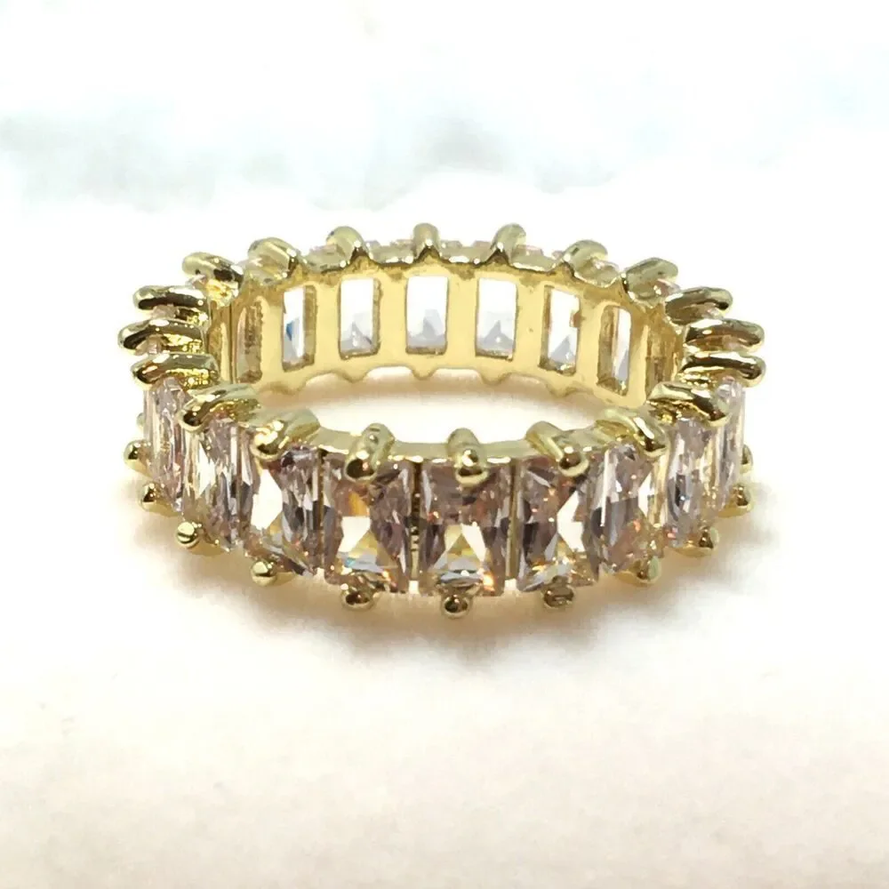 Yellow Gold Plated Eternity Ring Size 6.5 Wide Band Cubic Zirconia Baguettes